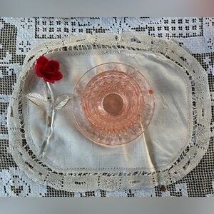 Set of Six Antique French Embroidered Off-White Linen Placemats or Doilies.